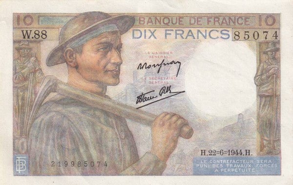 1944 France 10 Francs “Mineur” Banque de France – 22-6-1944 – WWII Issue – VF