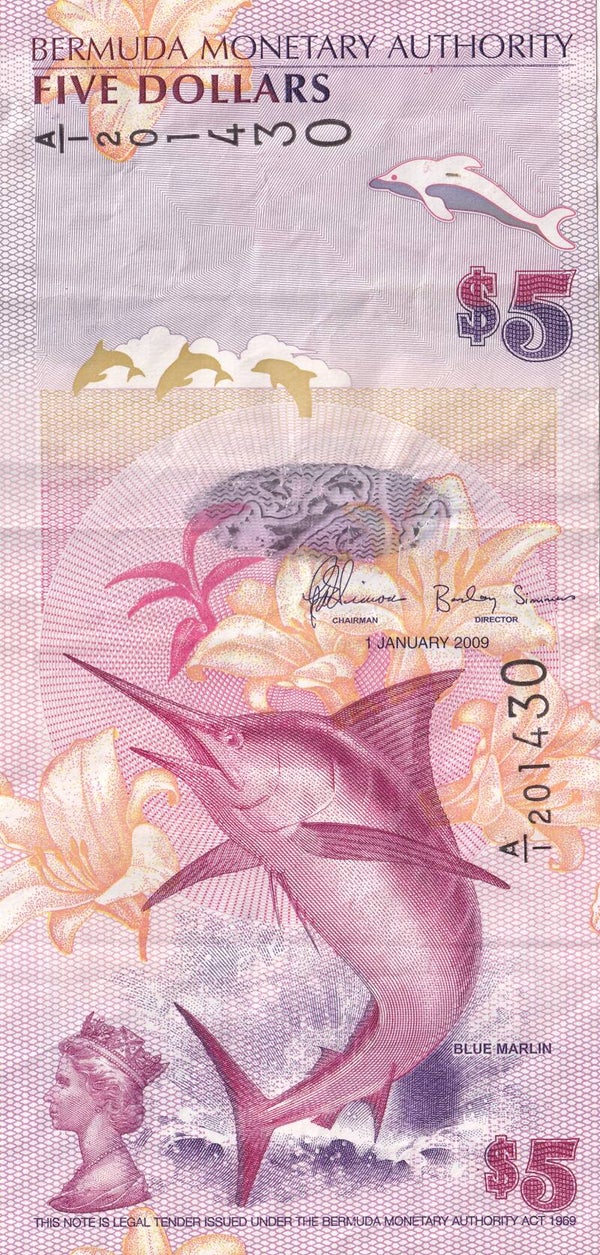 Bermuda 5 Dollars 2009 Blue Marlin Note – Bermuda Monetary Authority – QEII – Horseshoe Bay & Somerset Bridge - AU