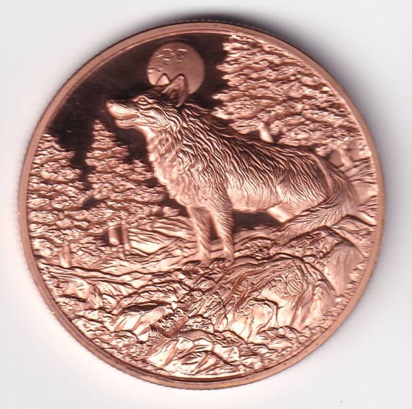 1 Troy Ounce .999 Fine Copper Round – Wolf Under Moon High Relief Design – Wildlife Bullion Art