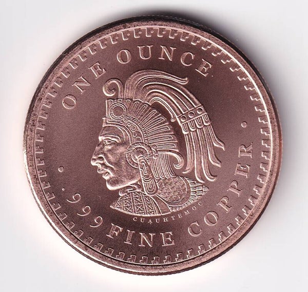 1 Troy Ounce .999 Fine Copper Round – Aztec Calendar & Cuauhtémoc Design – High Detail Bullion Art