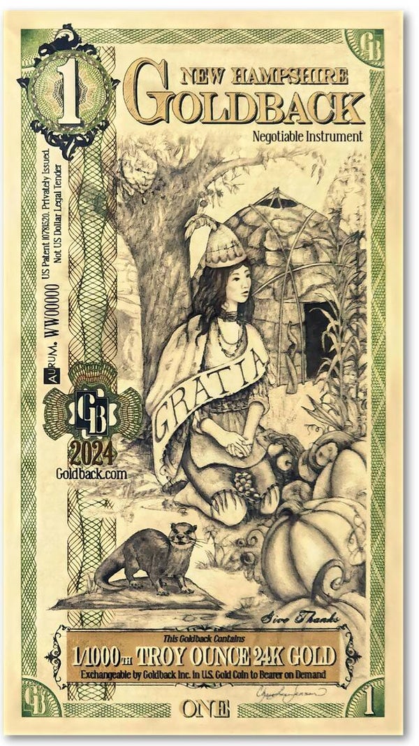 New Hampshire Goldback 1 Goldback Note – 1/1000 Troy oz .999 Fine 24K Gold | Fractional Gold Currency