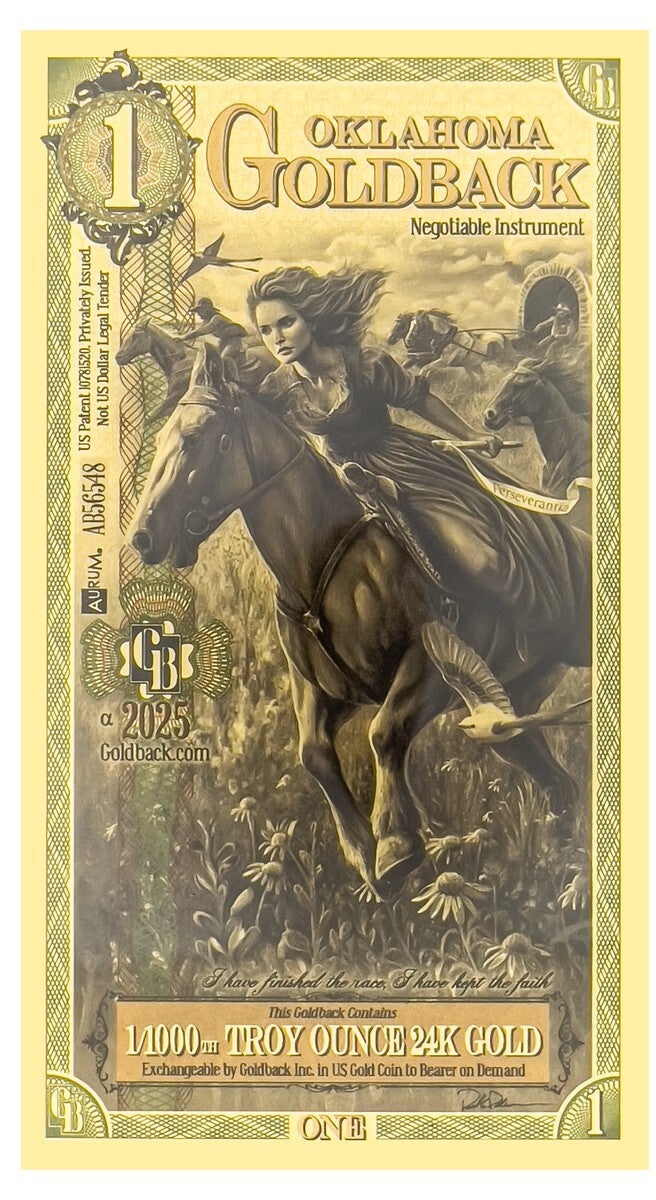 Oklahoma Goldback 1 Goldback Note – 1/1000 Troy oz .999 Fine 24K Gold | Fractional Gold Currency