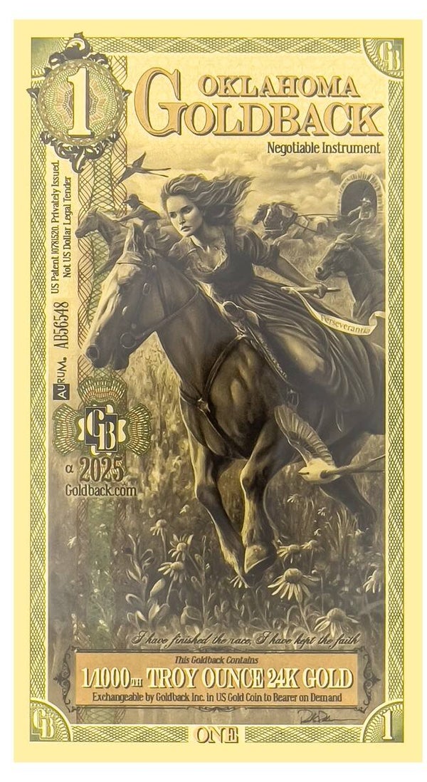 Oklahoma Goldback 1 Goldback Note – 1/1000 Troy oz .999 Fine 24K Gold | Fractional Gold Currency