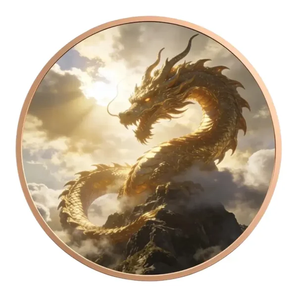 Golden Dragon Fantasy Copper Round – High Relief Art Coin – Mythical Dragon Mountain Design