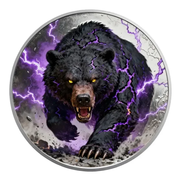 Lightning Black Bear Colorized Fantasy Silver Round – High Relief Art Coin – Purple Energy Storm Design