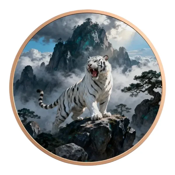 White Tiger Fantasy Copper Round – Mountain Guardian Art Coin – High Detail Wildlife Design