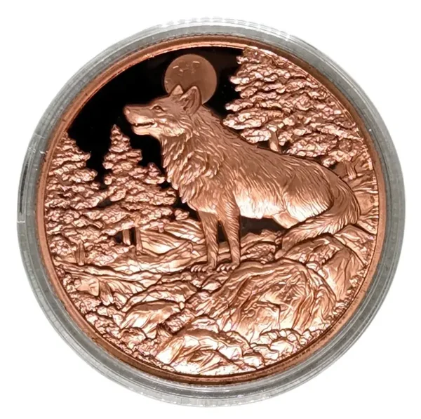 Moonlit Wolf 1 oz .999 Copper Round – Forest Night Wildlife Art – High Relief Copper Coin
