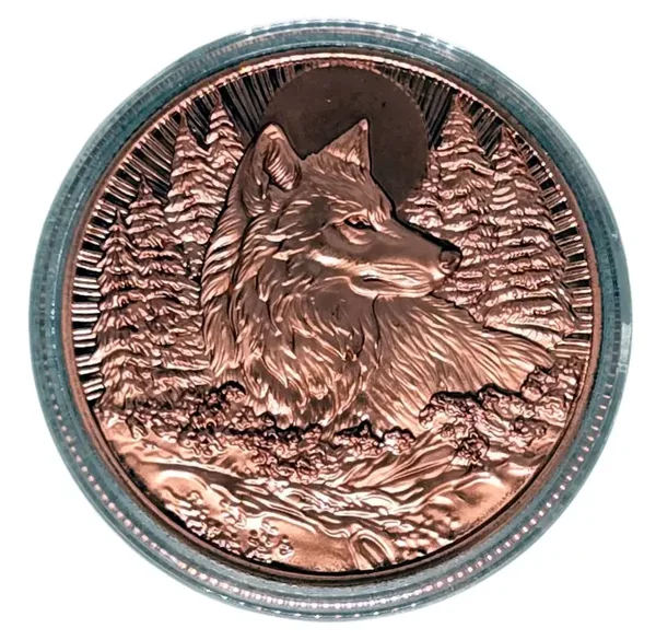 Wolf Forest 1 oz .999 Copper Round – High Relief Wildlife Art – Moonlit Pine Scene