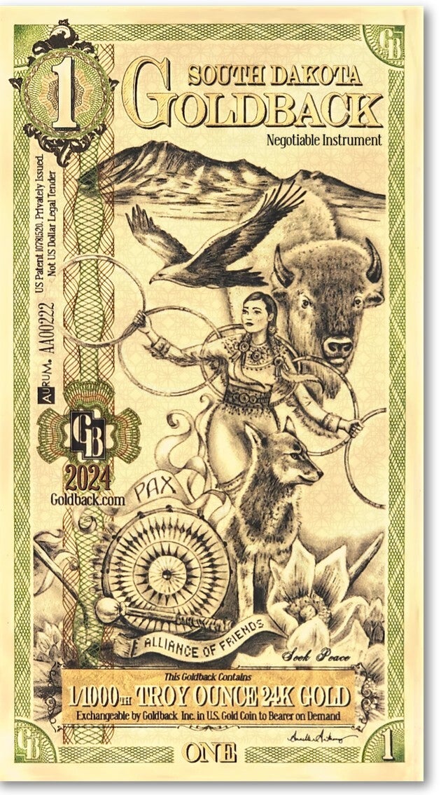 South Dakota Goldback 1 Goldback Note – 1/1000 Troy oz .999 Fine 24K Gold | Legal Tender Style Currency