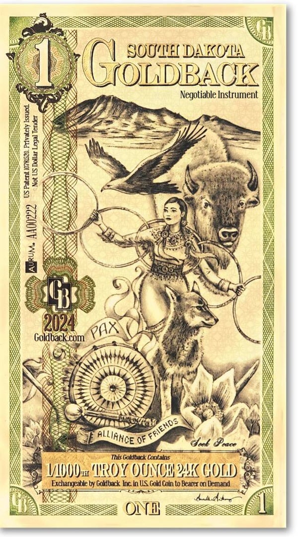 South Dakota Goldback 1 Goldback Note – 1/1000 Troy oz .999 Fine 24K Gold | Legal Tender Style Currency