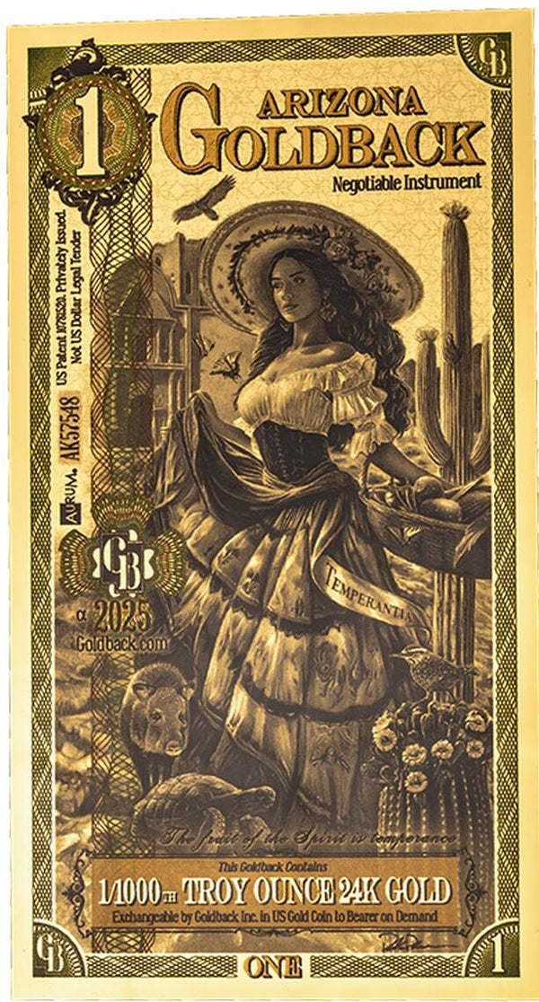 Arizona Goldback 1 Goldback Note – 1/1000 Troy oz .999 Fine 24K Gold | Fractional Gold Currency
