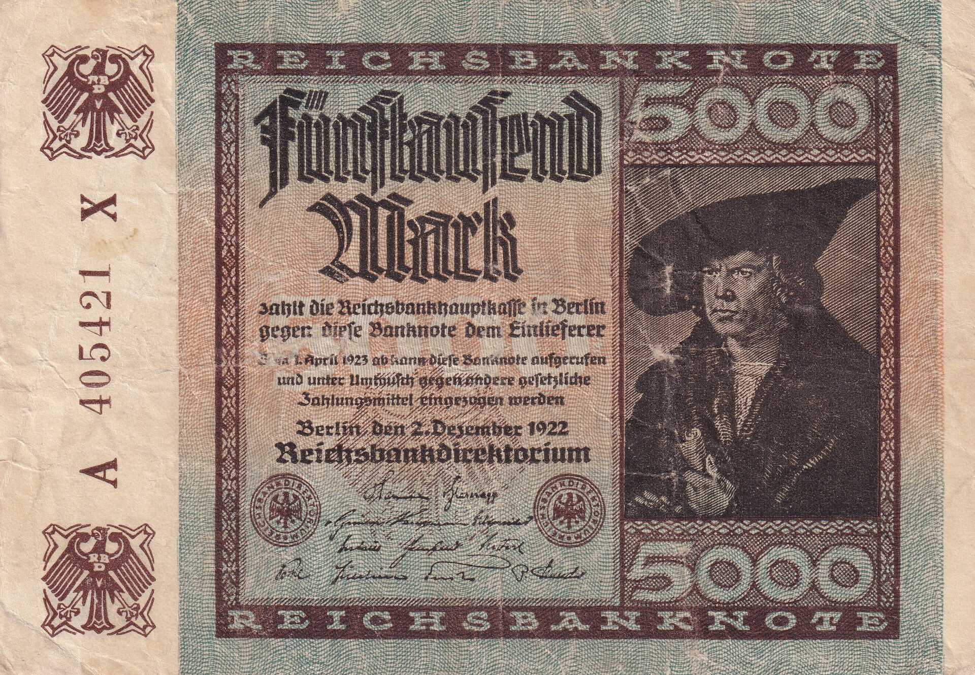 1922 Germany Reichsbanknote 5,000 Mark Banknote – VG / F