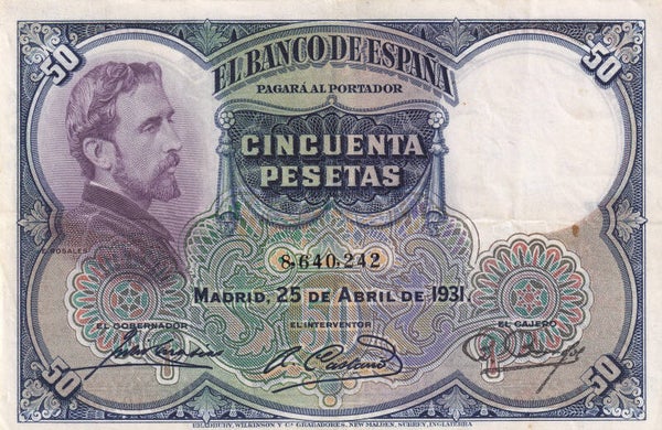Spain 1931 50 Pesetas – Banco de España – Second Republic Issue – Madrid 25 Abril 1931 – VF/XF