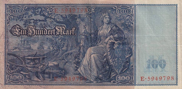 1910 Germany 100 Mark Reichsbanknote Berlin – Serial E.5949798 – Pre-WWI Imperial Issue - VF