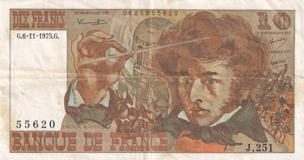 France 1975 10 Francs – Hector Berlioz – Banque de France – Vintage French Composer Banknote – VF