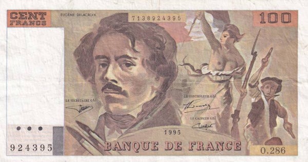 France 1995 100 Francs – Eugène Delacroix – Banque de France – Pre-Euro Banknote – VF/XF