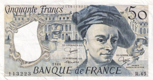 France 1986 50 Francs – Maurice Quentin de La Tour – Banque de France – Pre-Euro Banknote – VF