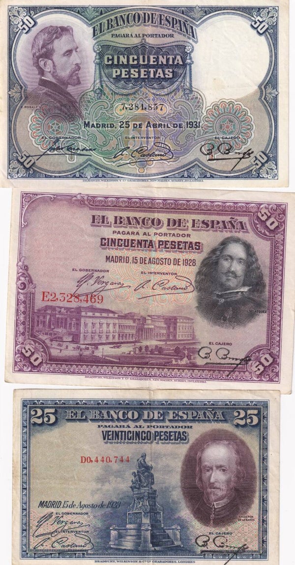 Spain 1928–1931 Banco de España Banknote Set – 50 Pesetas (Velázquez) + 50 Pesetas 1931 + 25 Pesetas 1928 – Pre-Civil War Trio (F+ - VF)