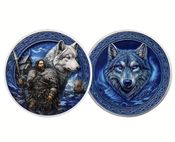 Viking Warrior & Wolf 3D Challenge Coin – Norse Mythology Fenrir Art Round – Celtic Knot Design