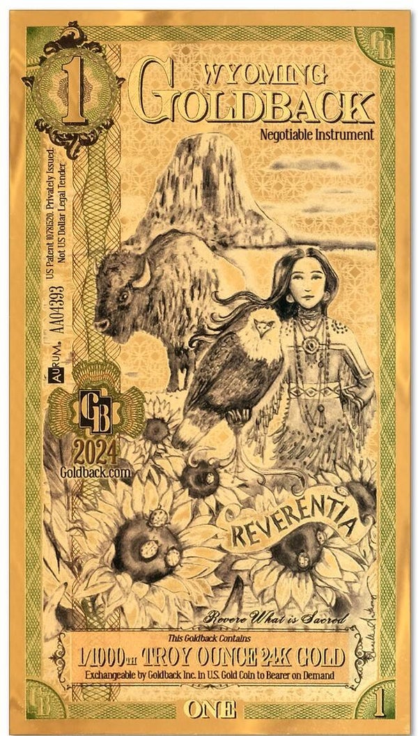 Wyoming Goldback 1 Goldback Note – 1/1000 Troy oz .999 Fine 24K Gold | Fractional Gold Currency
