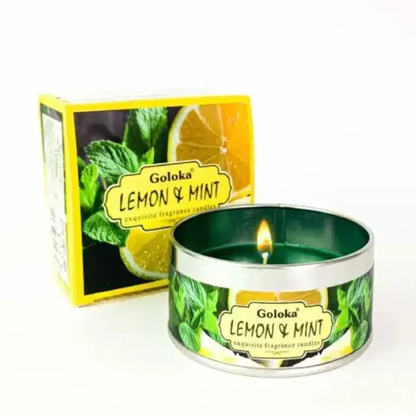 Bougie en étain à la cire de soja au citron et à la menthe Goloka