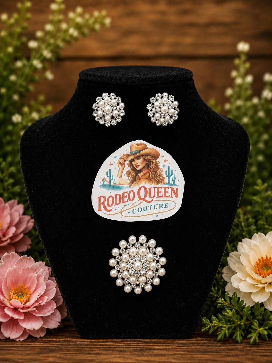 Pearl and clear crystal earrings and sash pin