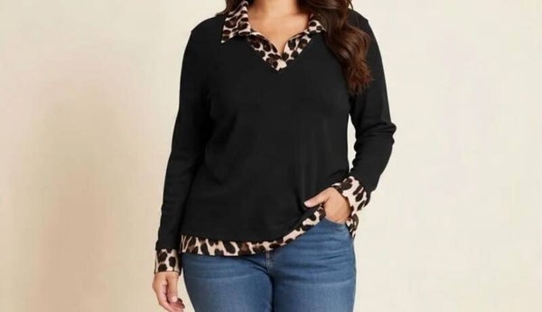 Pull col chemise détails léopard