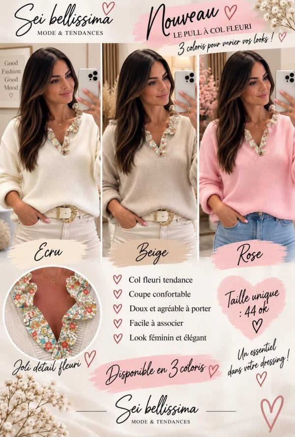 Pull à col fleuri