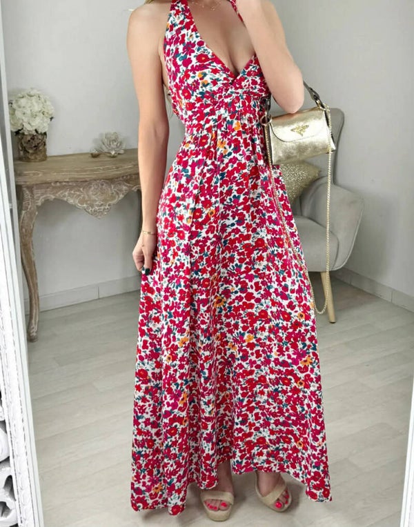 Robe magique dos nus imprimé fleuri rouge