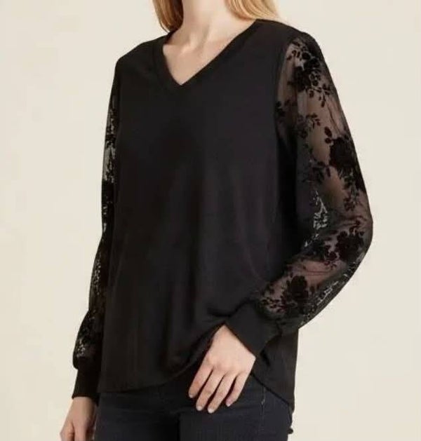 Blouse manches dentelle avec détails velour