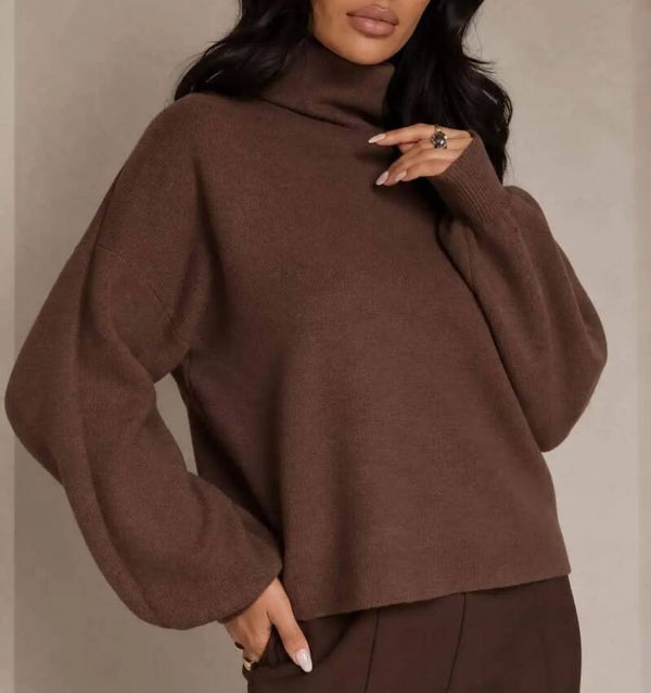 Pull col roulé brun
