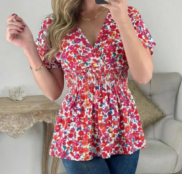 Blouse magique imprimé fleuri rouge