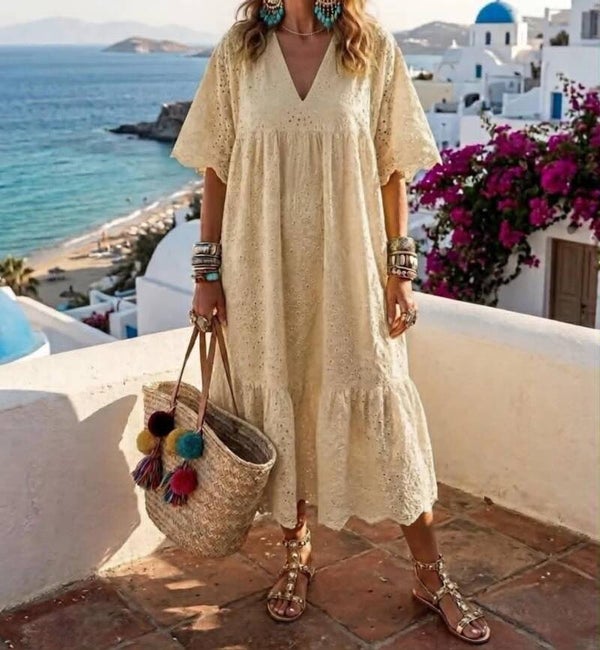 Robe brodée beige