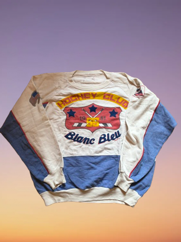 Vintage 80's Blanc Bleu 'Hockey' Sweatshirt Size L.