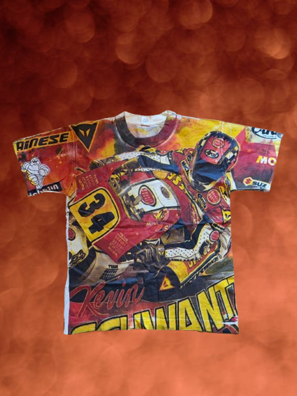 Vintage Kevin Schwantz All Over Heavy Print T-Shirt Size L.