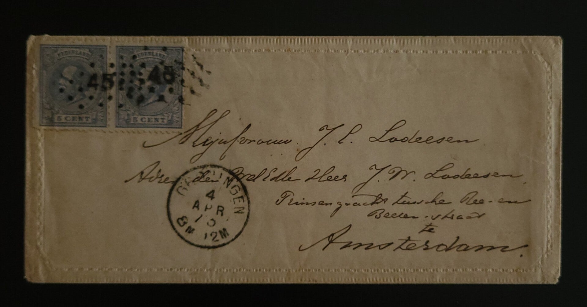 1873 BRIEF GRONINGEN - AMSTERDAM MET NVPH 19 IN PAAR