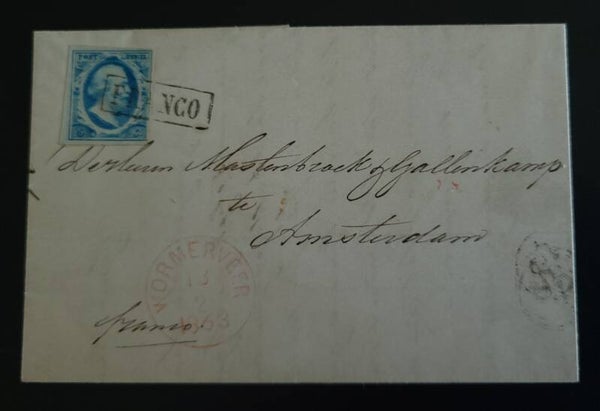 1863 NVPH 1 OP BRIEF WORMERVEER NAAR AMSTERDAM VIA KROMMENIE