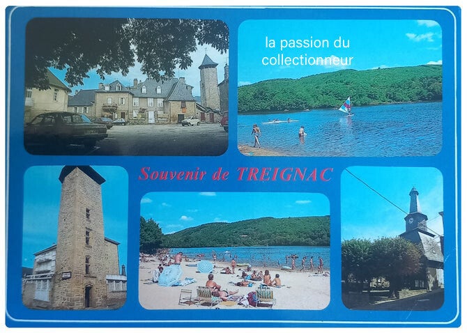 Carte postale de Treignac la place du champ de foire, vues sur le lac et la plage, la tour et la mairie