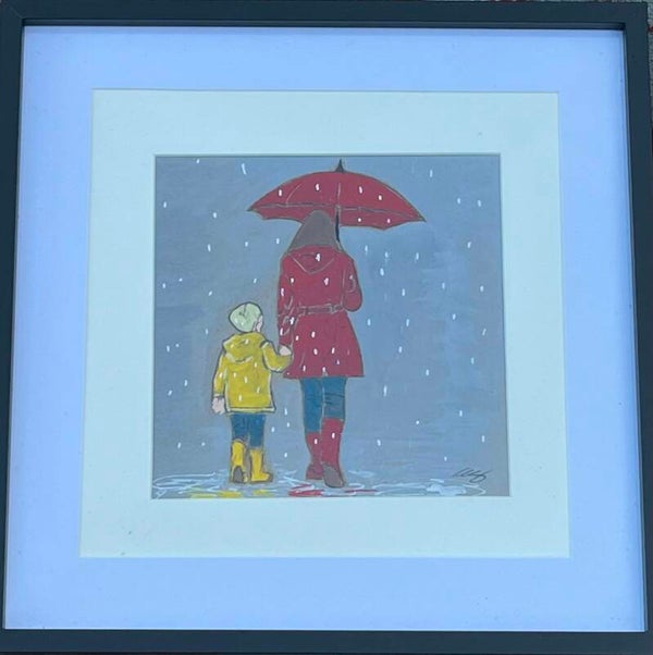 Mother & Son walking in the rain