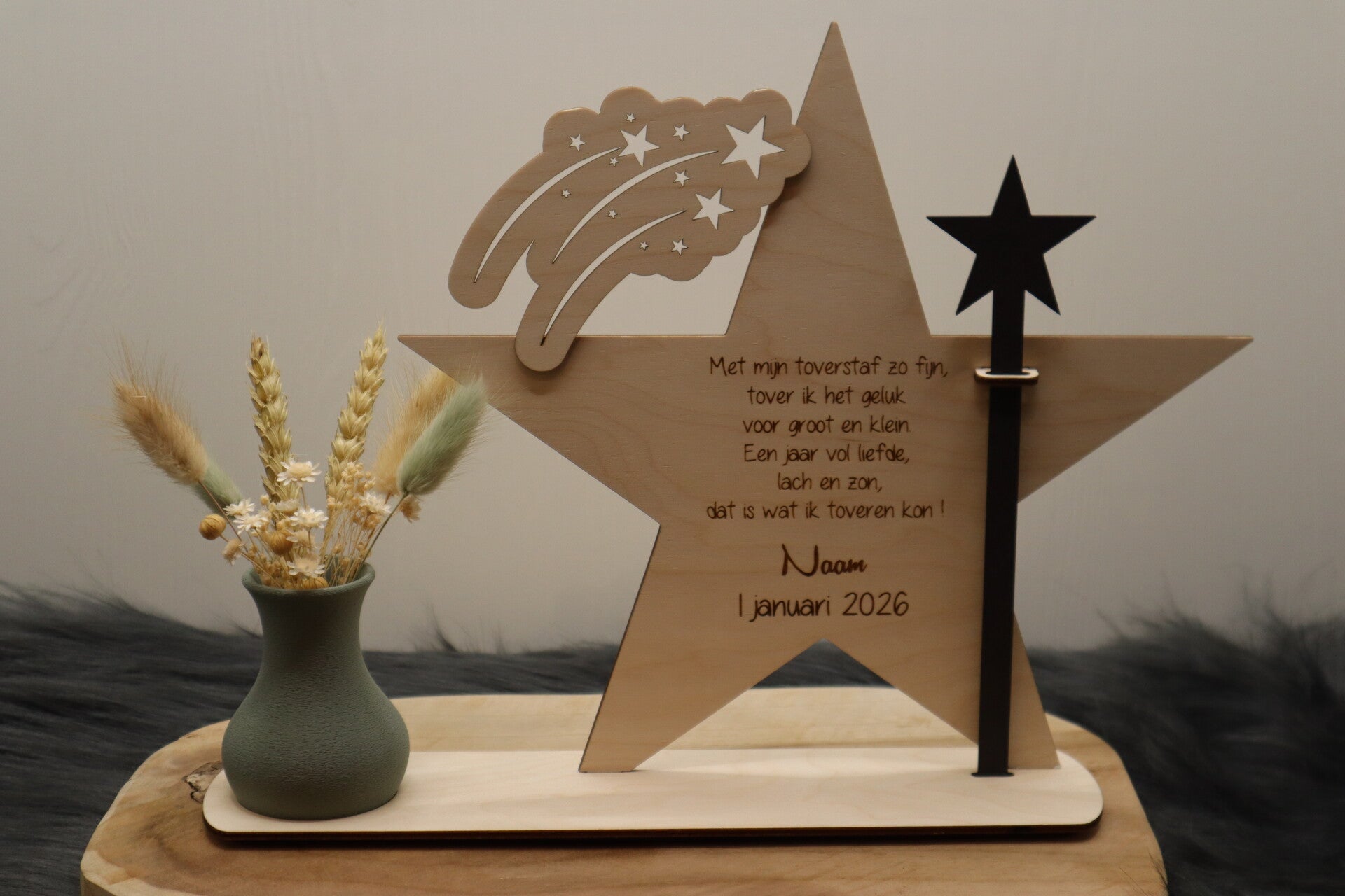 Toverstaf nieuwjaarsbrief met vaasje