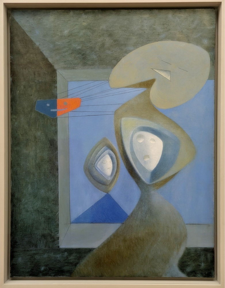 Gemälde von Max Ernst, surreale Komposition mit abstrakten Figuren und Landschaftselementen