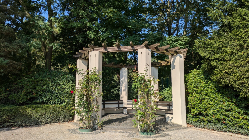 Eine idyllische, romantische Ecke im Rosengarten, mit einer Bank, umgeben von blühenden Rosen und grünen Sträuchern, die eine gemütliche Atmosphäre schaffen