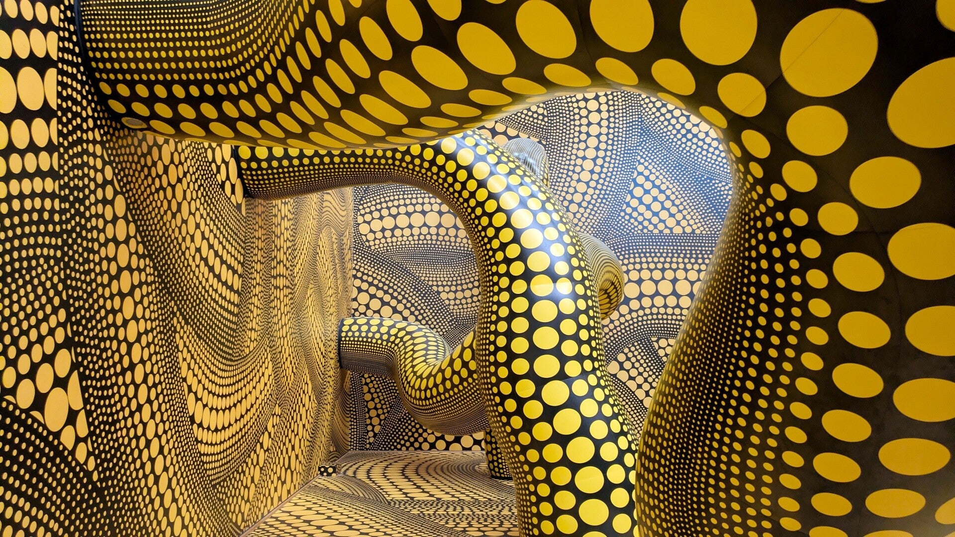 Ein Blick in einem Raum mit bunten riesigen Krakenarmen bei der Ausstellung  Yayoi Kusama im Museum Ludwig in Köln