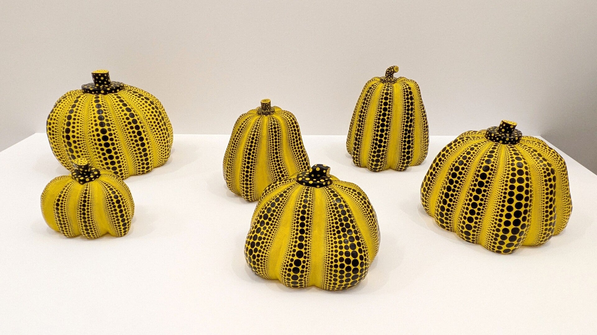 Mehrere Kürbisse in leuchtendem grüngelb  bei der Ausstellung  Yayoi Kusama im Museum Ludwig in Köln
