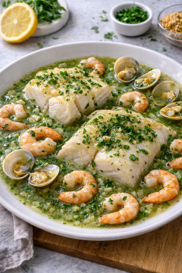 Bacalao en salsa verde con langostinos