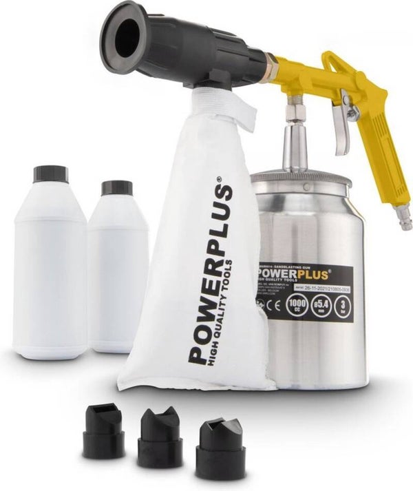 Powerplus POWAIR0014 Pneumatisch zandstraal pistool - Werkdruk: 3bar - 170l/min - Tankcapaciteit: 1000cc - Incl. 5 accessoires en 2 x 1kg alu oxide poeder