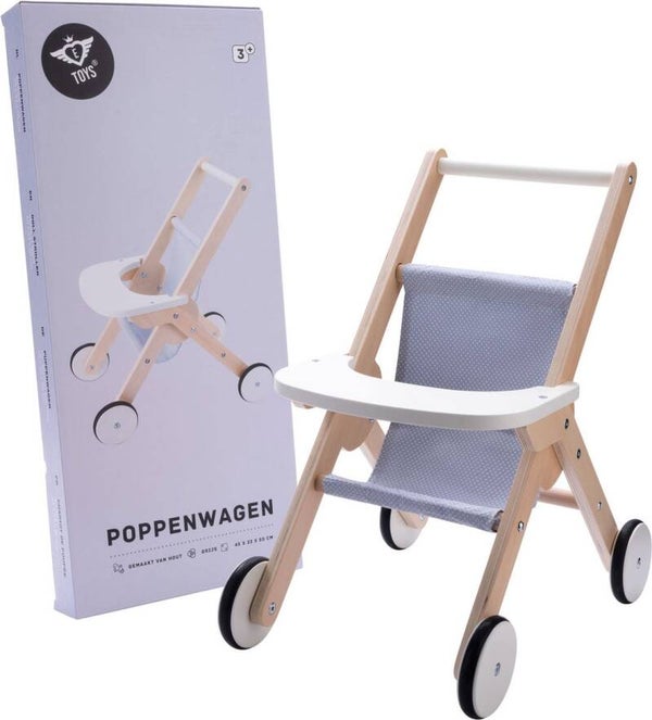 Poppenwandelwagen gemaakt van hout grijs/ blauw