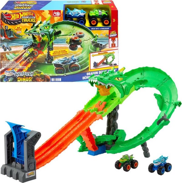 Hot Wheels Monstertrucks - Haaien vs. Dino's Draak Vernietiging Speelset en 2 Speelgoedtrucks