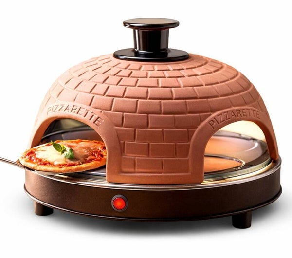 Emerio Pizzarette Origineel - 4 Persoons Pizza Oven - Handgemaakte Terracotta Koepel - 4 Geïsoleerde Bakspatels - RVS Bakplaat - Gourmetstel met Cool touch koepel - PO-115985 900W