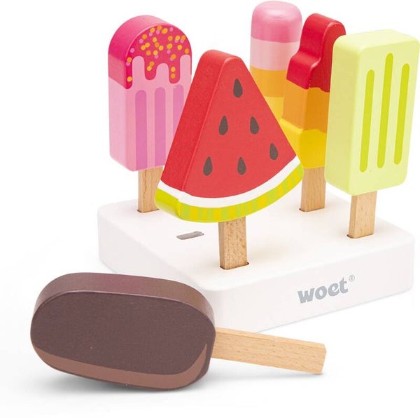 Woet® Houten IJsjes Speelgoed - 6-delige Kleurrijke IJsjes met Standaard - Speelgoedeten - Rollenspel Keukenspeelgoed IJskraam - Vanaf 2 Jaar